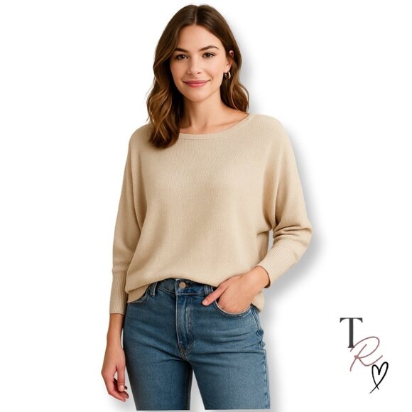 Tahari Batwing Sleeve Waffle Knit Lightweight Cozy Sweater in Beige Small - Picture 1 of 12